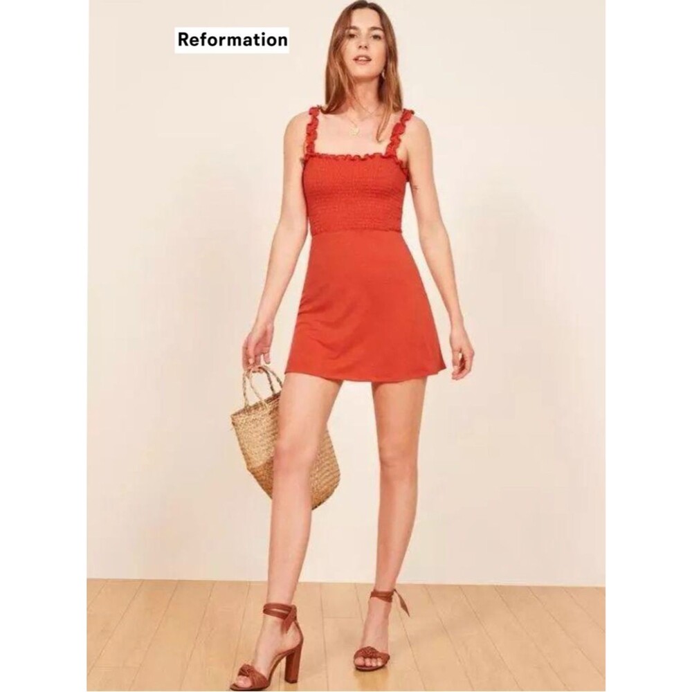 Reformation Pi Mini Dress Fruit Punch Orange Red Ruffle Ruched Smocked Retro S